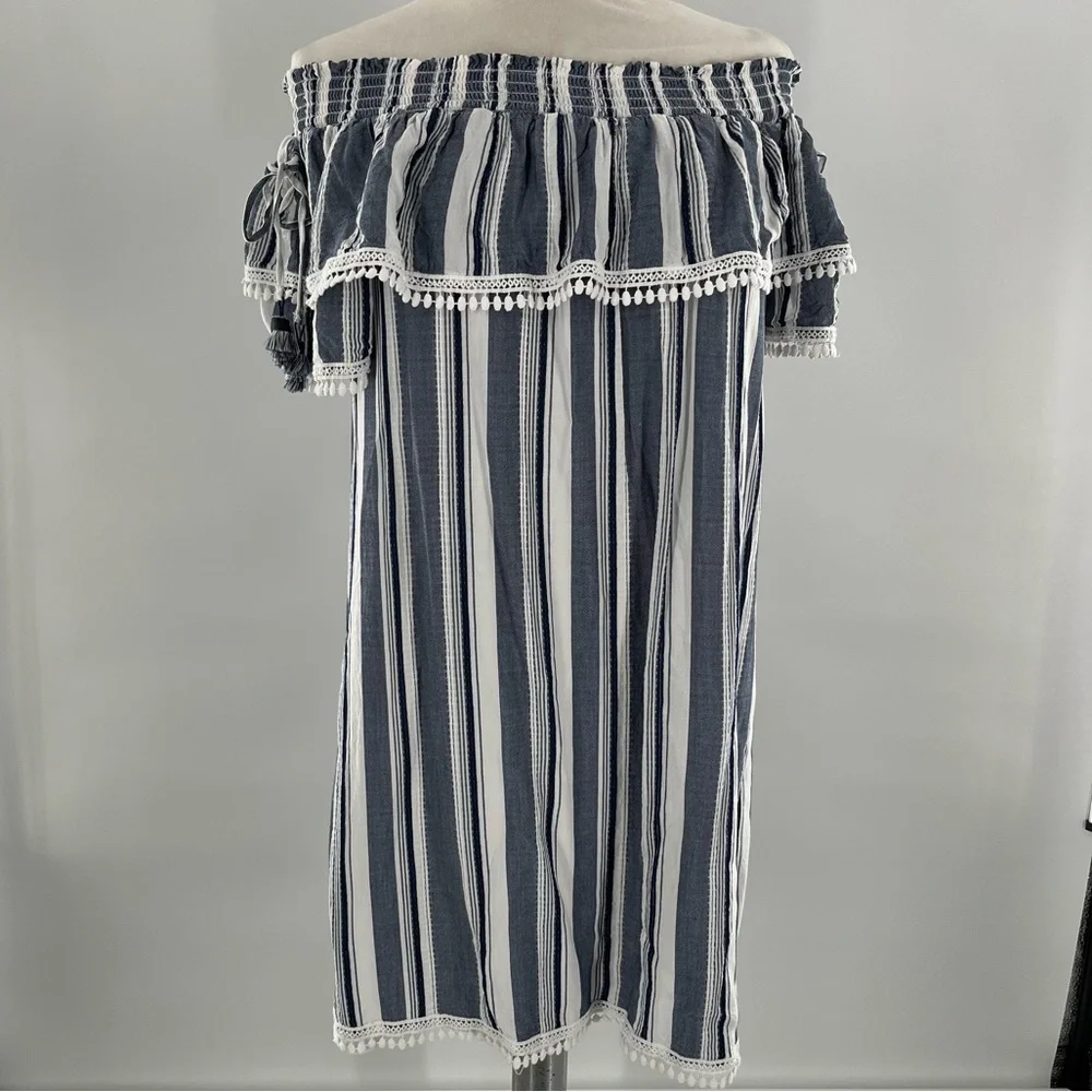 Luxology Dress Striped Off the Shoulder Short Sleeves Ruffle Coastal Nau… - Picture 6 of 13